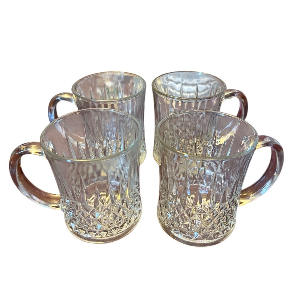 Vintage Quilted Diamond Clear Glass Mugs with Handle Set of 4
